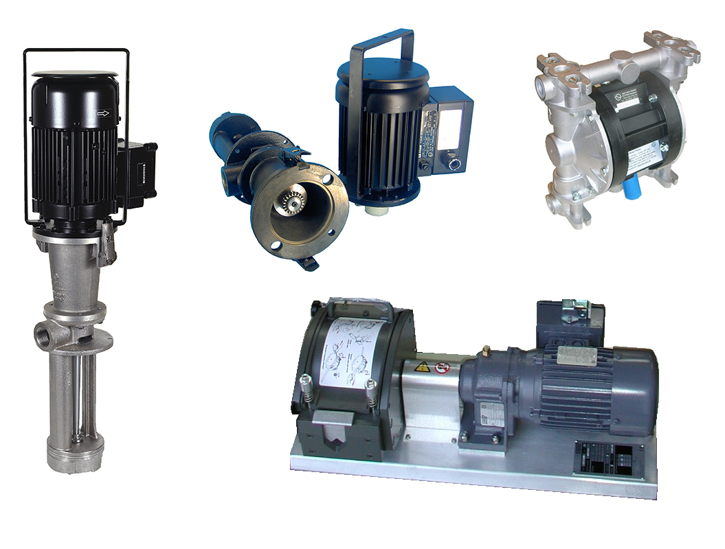 Fünf verschiedene industrielle Pumpen mit Metallgehäuse und elektrischen Motoren in Blau und Silber